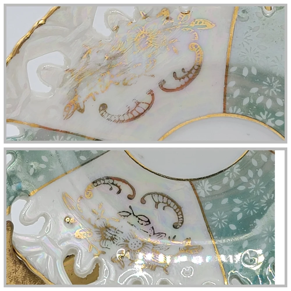 Japanese Lusterware Demitasse Cup Saucer Gold Trim Iridescent Floral Panels Vtg